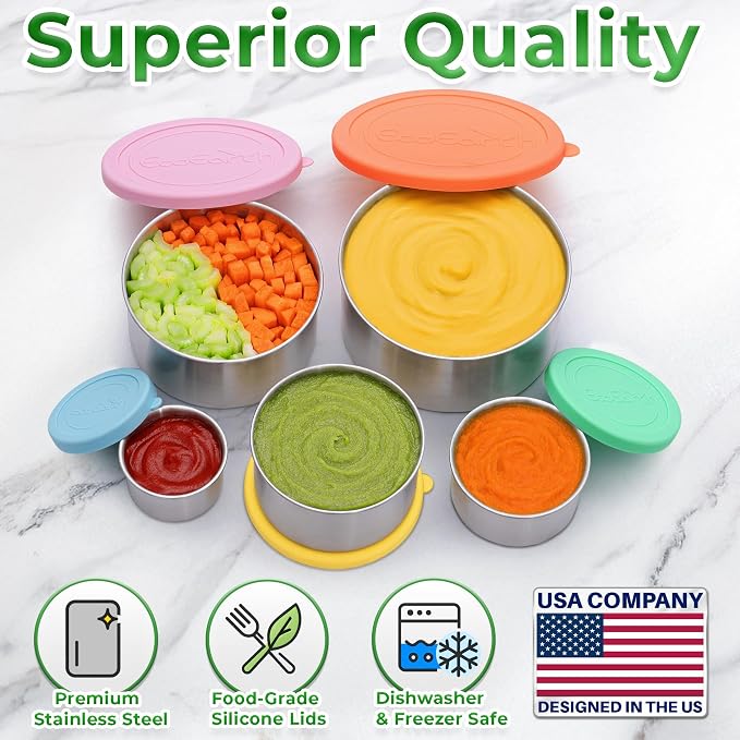 Stainless Steel Food Storage Containers - Metal Set of 5, Snack Size | EcoEarth for 100% plastic-free, airtight, and leakproof with food-safe silicone lids for mess-free travel.