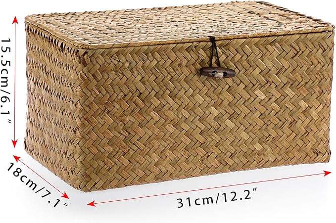 Hipiwe Wicker Shelf Baskets Bin with Lid, Handwoven Seagrass Basket Storage Bins Rectangular Household Basket Boxes for Shelf Wardrobe Home Organizer, Caramel Medium