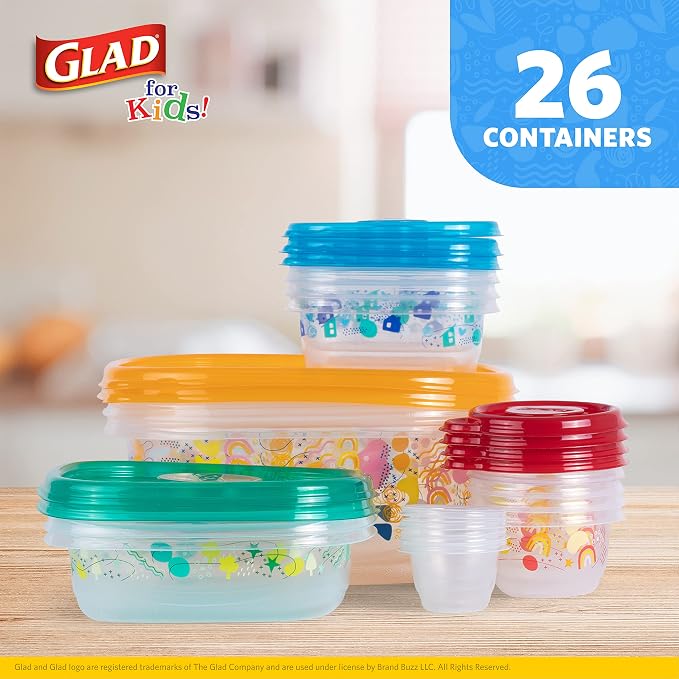 Glad for Kids GladWare Back to School Food Storage Containers with Lids, BPA Free Plastic Variety Pack Rainbow Patterns for Kids Lunches and Snacks, Microwave Freezer Dishwasher Safe, 26 Piece Set
