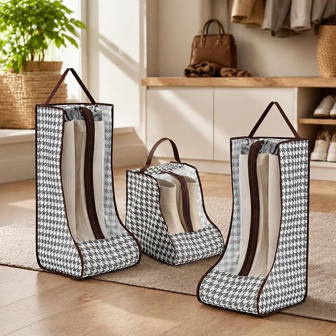 Boot Storage Bag Organizer,Dustproof Boot Bags for Cowboy Boots,Portable Travel Shoe Protector Bags,Tall Boot Covers Storage Organizer for Packing (1 Short + 2 Long Houndstooth)