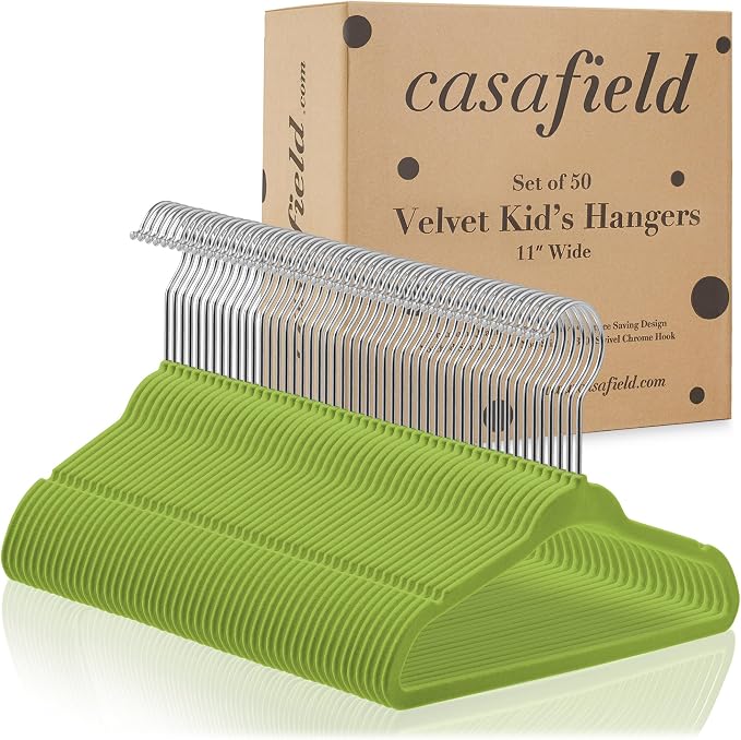 Casafield 50 Velvet Baby Hangers - 11" Size for Infant & Toddler Clothes - Lime Green