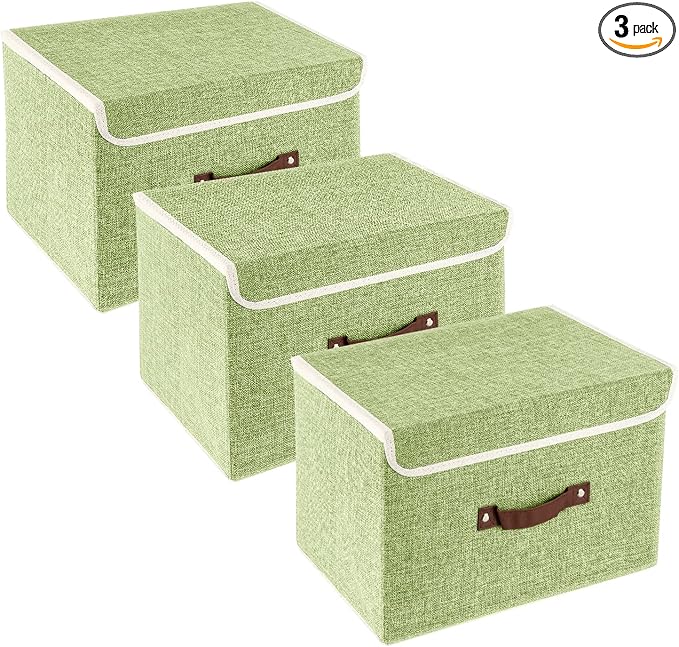 TYEERS Collapsible Storage Boxes, Washable Fabric Storage Bins with Lids, 14.9x9.8x9.8 inches, 3 Pack, Green