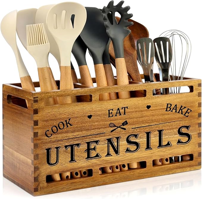 Large Acacia Wood Cooking Utensil Holder for Kitchen Spatula Spoon Holder | Wooden Utensil Organizer Countertop Kitchen Utensil Crock Tool Holder Rustic Silverware Caddy Country Kitchen Counter Decor