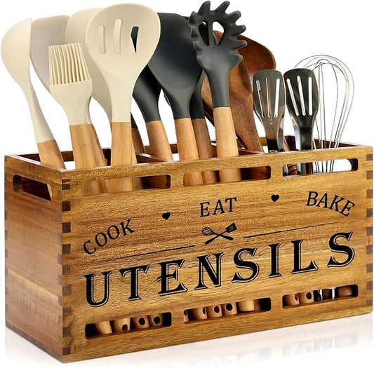 Large Acacia Wood Cooking Utensil Holder for Kitchen Spatula Spoon Holder | Wooden Utensil Organizer Countertop Kitchen Utensil Crock Tool Holder Rustic Silverware Caddy Country Kitchen Counter Decor