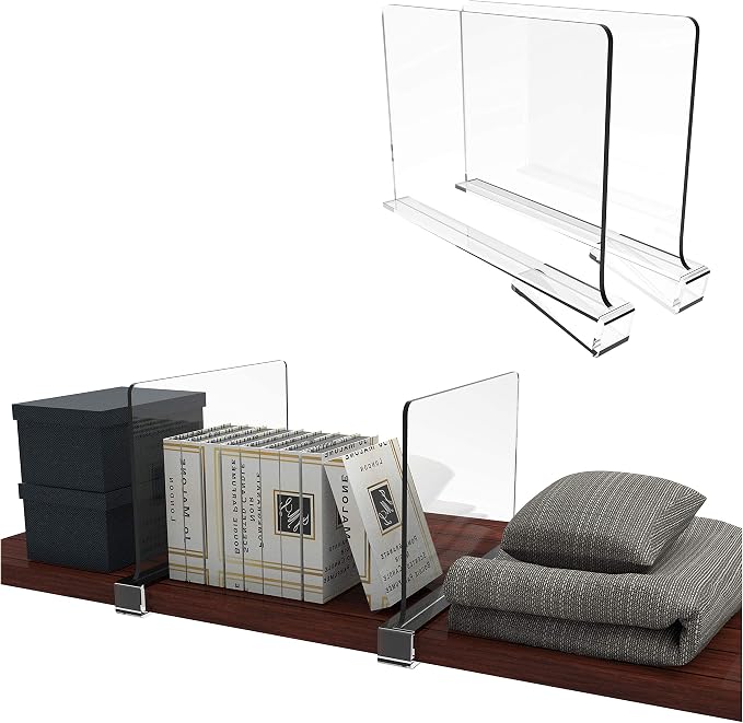 Clear Acrylic Shelf Dividers for Closet Organization - 2 Pack Closet Shelf Divider for Sweatshirt,Towel,Bag,Purse,Clothing,Sweater Organizer,Plastic Dividers and Separators for Shelves and Bedroom