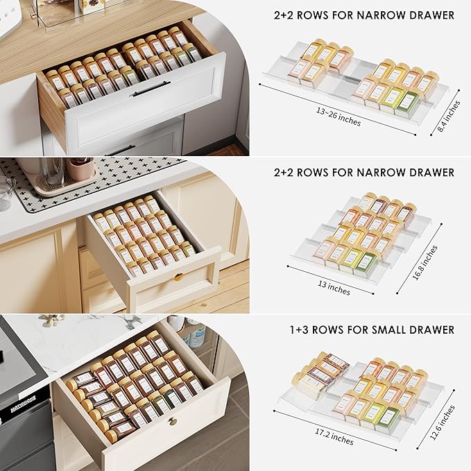 Jadehom Spice Drawer Organizer, 4 Tier Clear Acrylic Expandable From 13" to 26" Seasoning Jars Drawer Insert, Kitchen Drawer Spice Rack Tray for Cabinet/Countertop