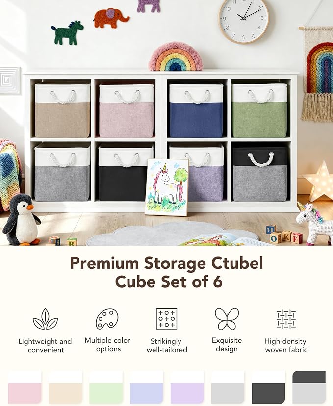 12x12 Storage Cube Bins, 6 Pack Reinforced Bottom Cardboard Foldable Box, Organizer for Closet Shelves, Heavy Home Storage Baskets (White Khaki)