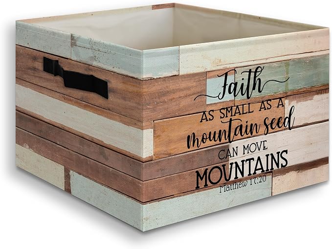 Retro Farmhouse Christian Bible Basket Foldable Storage Bins Box with Handles, Matthew 17:20 Bible Verse Religious Collapsible Organizer Basket for Christian Home Room Clothes Toys Books