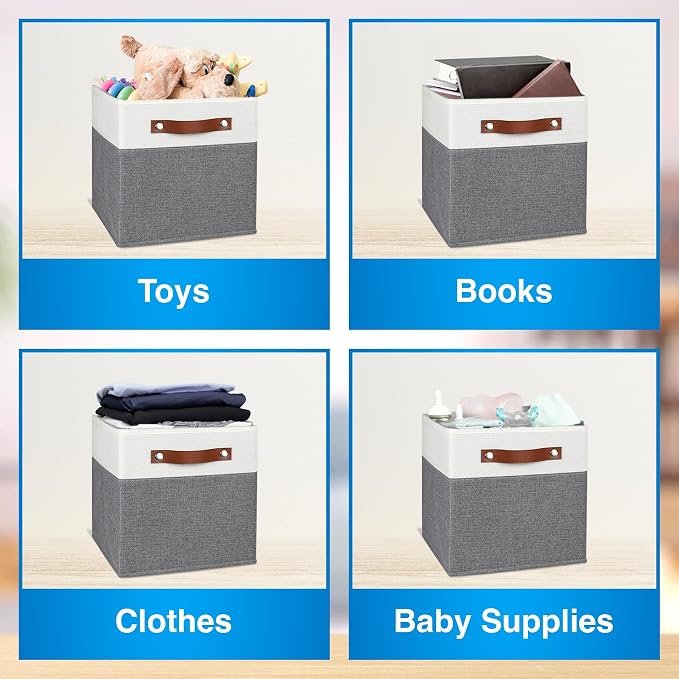 11 Inch Cube Storage Bin - 6 Pack - Linen Fabric 11x11 Cube Storage Bins for Bedroom, Living Room, Clothes and Toys; Foldable, Dual Leather Handles