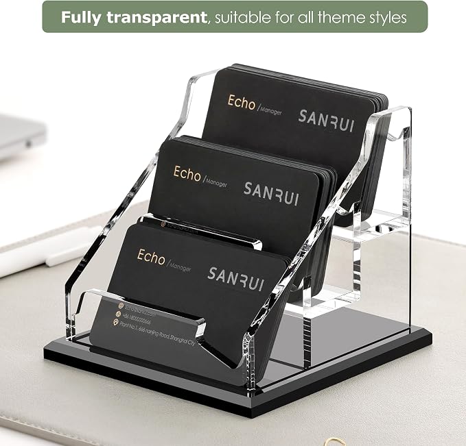 SANRUI Black Business Card Holder for Desk 3 Slot , Clear Acrylic Horizontal Name Card Stand for Women and Men, Desktop Organizer Display for Office Home Exhibition - 180 Card Capacity 1 Pack