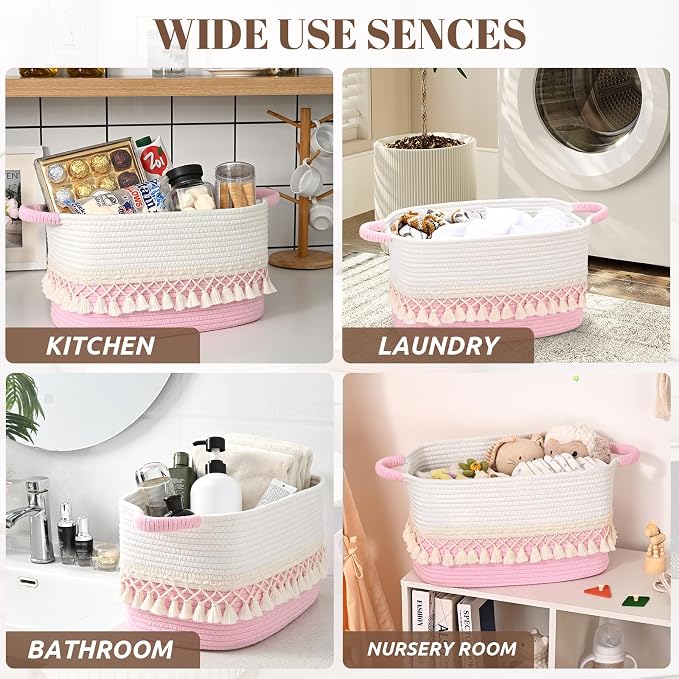 2 Pack Storage Basket for Shelves, Boho Cotton Rope Storage Bins with Heavy Tassel, Shelf Baskets Large Woven Baskets for Organizing, Cube Organizer Bins, Baby Laundry Basket for Clothes, Toys, Pets