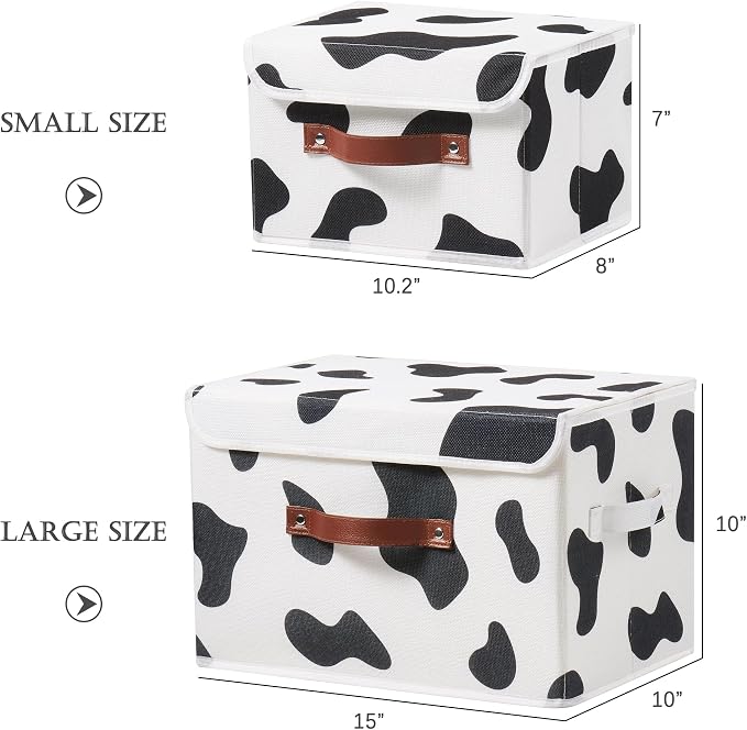 2PCS Storage Bins with Lid Cow Print Cute Fabric Storage Basket Box Faux Leather Handles PP Plastic Board Foldable Washable Lidded Cotton Linen Closet Shelf Organizer Container (Large Size)