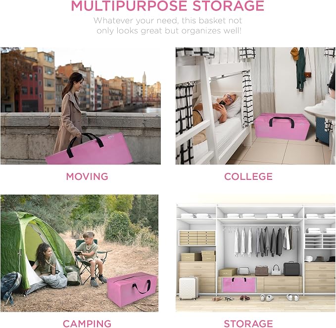 6 Pack Extra Large Moving Bags with Zippers, Backpack Straps & Reinforced Handles, Heavy Duty Storage Bags for Clothes, Moving, Space Saving, Pink