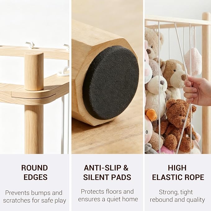 KiddoCood Kids CPC & TIC Certified Stuffed Animal Storage - 3-Tier Large Natural Solid Wood Plush Toy Organizer & Holder, Corner Solution for Playroom & Nursery, BPA-Free & Zero Glue, 52.3" H