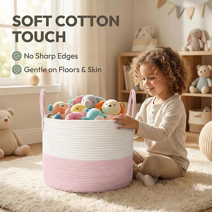 JMvicyroam 65L Extra Large Blanket Basket for Living Room - Woven Cotton Rope Laundry Hamper with Reinforced Handles - Storage Bin for Pillows, Comforters & Toys - Machine Washable,White&Pink