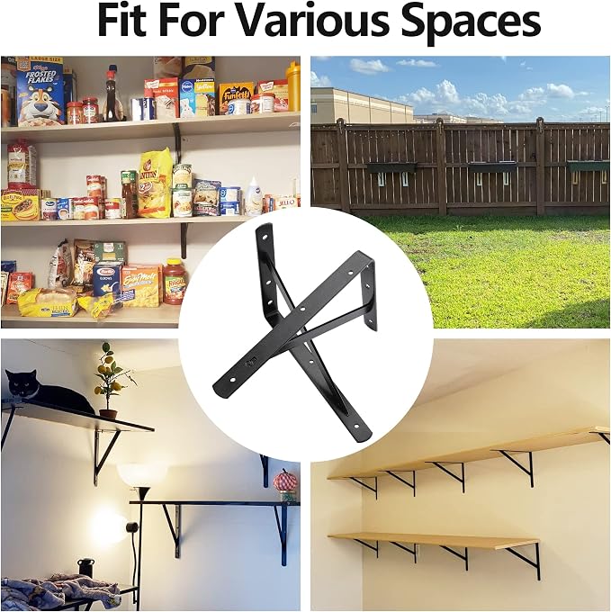 Heavy Duty Shelf Brackets 12 x 8 inches, 6 Pack Black Metal Shelves Supports, Load Capacity: 600 lb, Wall Mounted Angle L Floating Shelf Bracket, Rough Texture Powder Coating, HOME MASTER HARDWARE