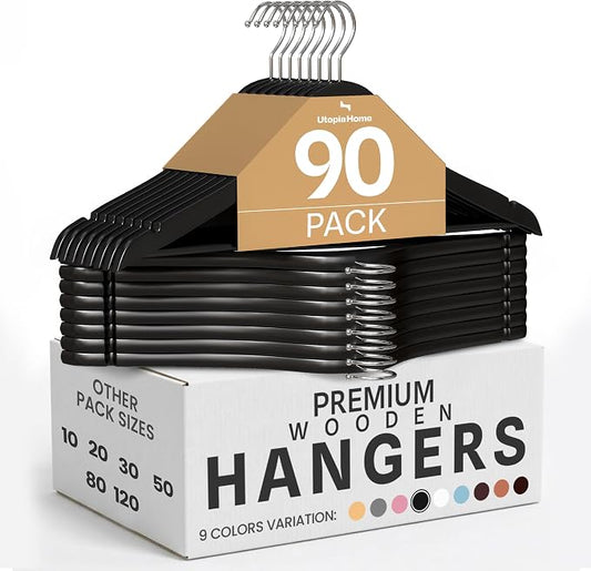 Utopia Home Premium Wooden Hangers 90 Pack - Durable & Slim Coat Hanger - Suit Hanger with 360-Degree Rotatable Hook - Wood Hangers with Shoulder Grooves (Black Color)