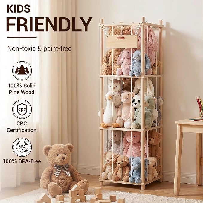 KiddoCood Kids CPC & TIC Certified Stuffed Animal Storage - 3-Tier Large Natural Solid Wood Plush Toy Organizer & Holder, Corner Solution for Playroom & Nursery, BPA-Free & Zero Glue, 52.3" H