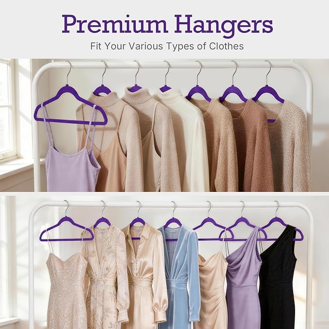 HOUSE DAY Noble-Purple Velvet Hangers 60 Pack, Non Slip Clothes Felt Hanger Heavy Duty for Coat, Premium Slim Space Saving Suit Hangers for Closet Organizer, 360° Rotating Silver Hook