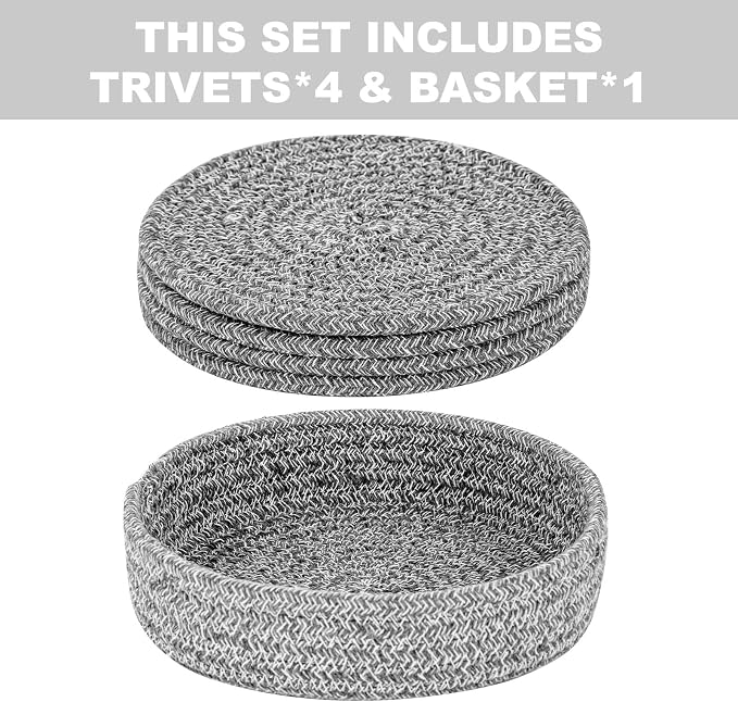 Trivets for Hot Dishes, Pots and Pans, Heat Resistant Hot Pads with Storage Basket, Pot Holders for Kitchen Countertop, Trivet Mats Home Essentials Farmhouse Decor (Grey 4 Pcs)