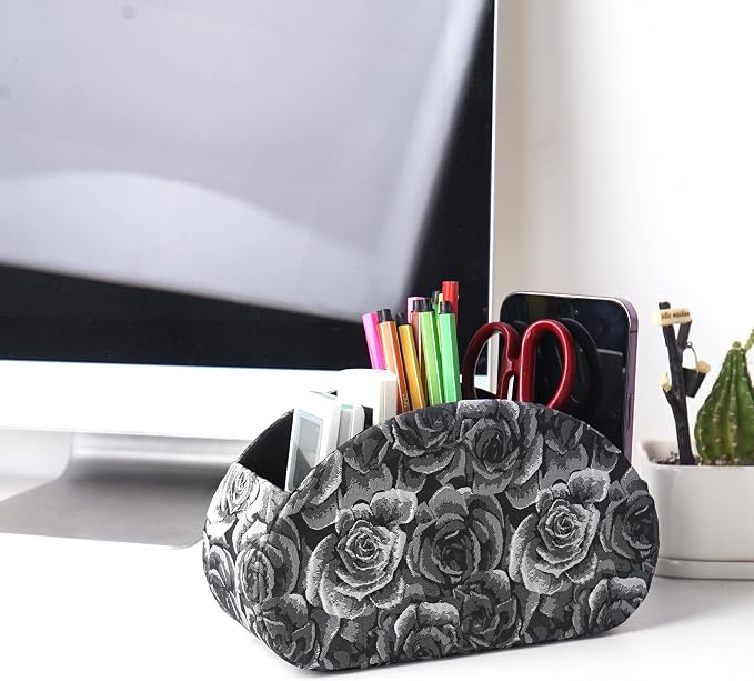 Remote Control Holder, PU Leather Remote Caddy Desktop Organizer with 5 Spacious Compartments for TV Remotes/Media Controllers/Office Supplies (1-3D Black Grey