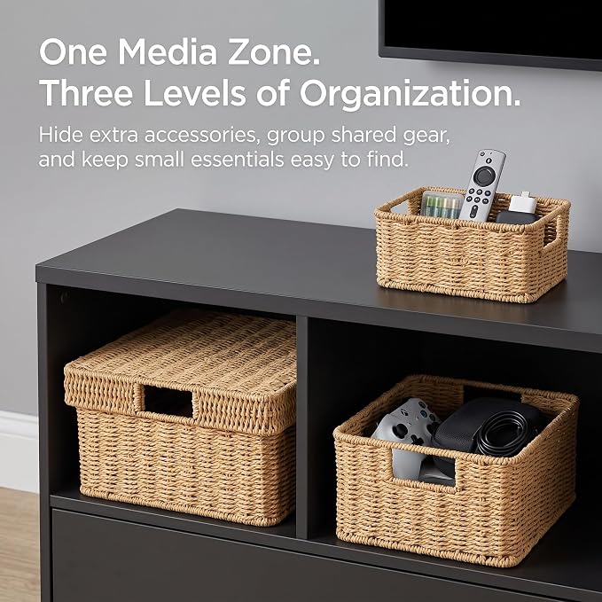 Wicker Storage Basket with Lid - Woven Basket for Storage,Rectangular Decorative Boxes Bins with Lids for Shelves,living room, Nursery, 3 baskets+1 lids(Natural)