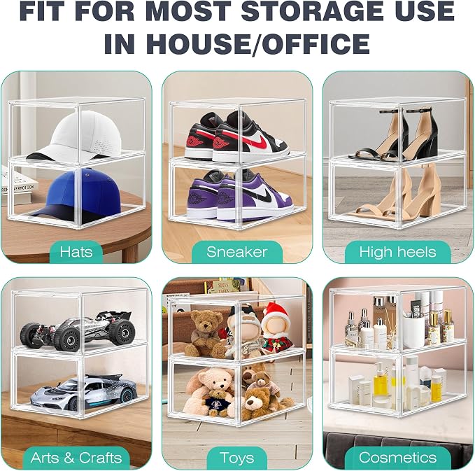 2 Pack Drop-Front Clear Shoe Storage Box Acrylic Box Shoe Organizer Size 13, Stackable Shoe Tower with Magnetic Door Large Storage Bins for Sneaker Containers Display & Closet Organization
