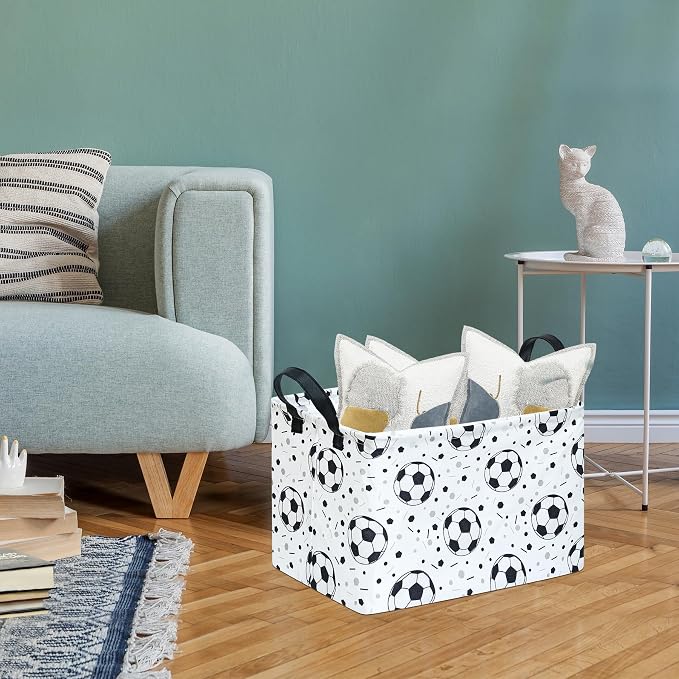 Kids Storage Basket with Soccer Print, 14.5" x 10.2" x 9.1", Waterproof with Leather Handles, Collapsible Rectangular Bin for Boys Sports Gear, Toys & Laundry