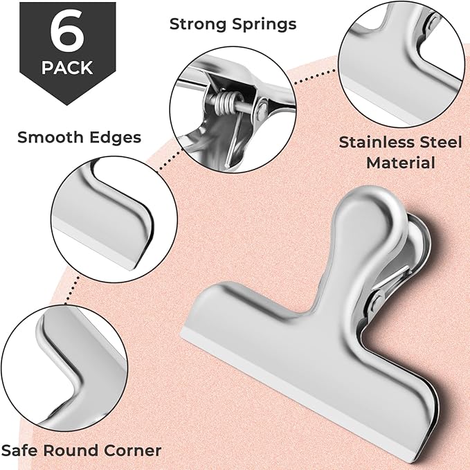 ANZNKU 6 Pack Chip Clips Bag Clips for Food Snack Kitchen Storage(Silver) | Heavy Duty, Stainless Steel, Air Tight Seal, Durable Metal Clamps for Refrigerator Home Office, Use for Bread Coffee Paper