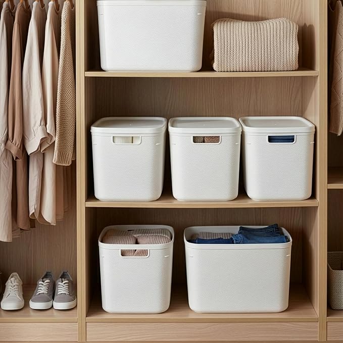 BINO | Plastic Storage Bins with Lids, 20 Liter - 3 Pack, White | THE TWILL COLLECTION | Plastic Bins for Organization | Woven Storage Baskets for Organizing | Pantry Shelf Organizer Basket Bin
