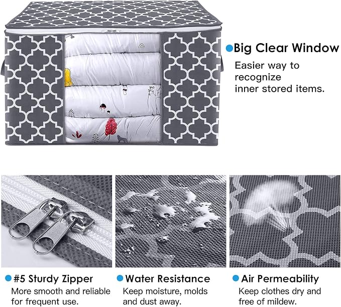 WISELIFE Storage Bags, Large Blanket Clothes Organization and Storage Containers for Bedding, Comforters, Foldable Organizer with Reinforced Handle, Clear Window,Sturdy Zippers,(Grey, 4 x 100L)