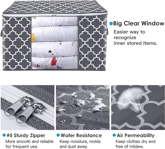 WISELIFE Storage Bags, Large Blanket Clothes Organization and Storage Containers for Bedding, Comforters, Foldable Organizer with Reinforced Handle, Clear Window,Sturdy Zippers,(Grey, 6 x 100L)