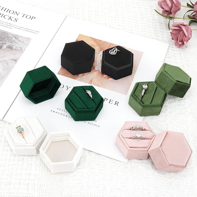 DesignSter Velvet Jewelry Ring Box,2 Slots Jewelry Ring Gift Box Vintage Ring Display Holder with Detachable Lid for Proposal, Engagement, Wedding, Ceremony(Beige)