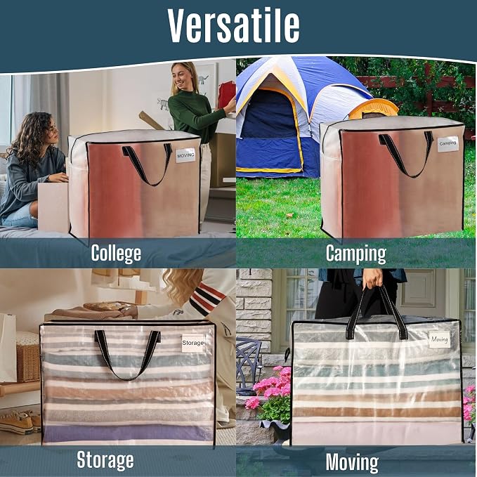 VENO 4 Pack Heavy Duty Moving Bags, Storage Bags, Packing Supplies, Top Zipper, Storage Totes for Camping, Clothes, Bedding, Comforters, Pillows (27 Gallon Clear, 4 Pack)