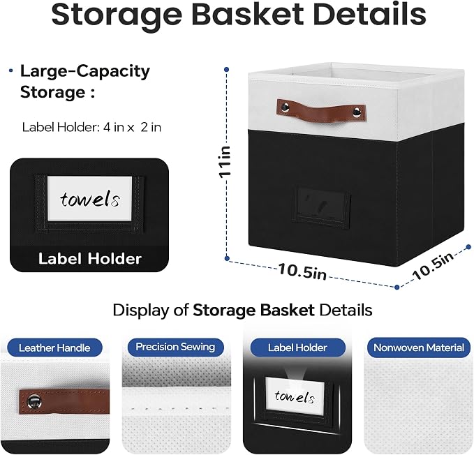 FinishingBo 6-Pack Storage Cubes with Handles & Label Holders Basket, Closet Cube Home Organizer Bins(White/Black, 10.5 x 10.5 x 11 inch)