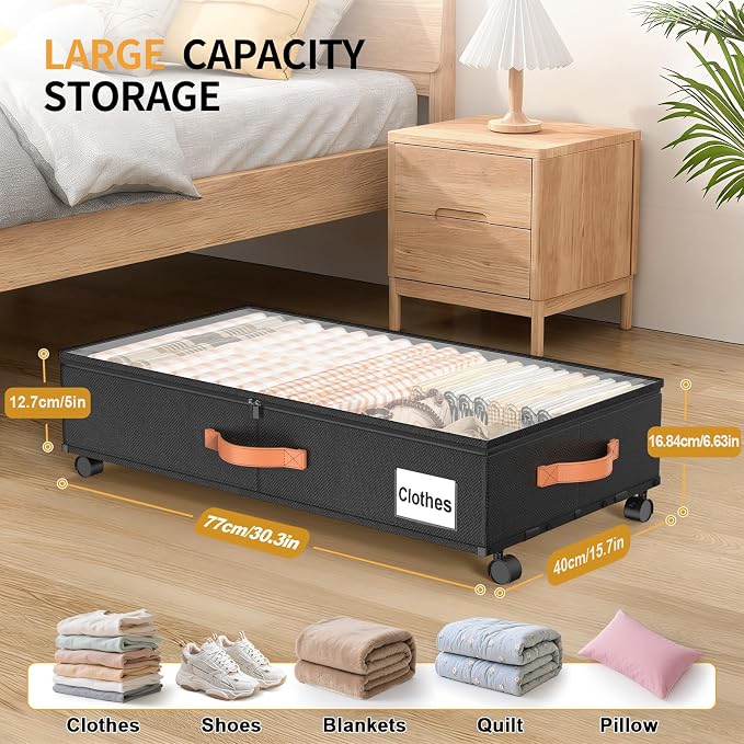 Under Bed Storage Containers with Wheels Large Underbed Shoes Blankets Clothes Toy Storage Drawers for College Dorms Bedrooms Nursery Rooms Organization (Black 2 Pack, 6.6in height(30.3"x15.7"x6.6"))