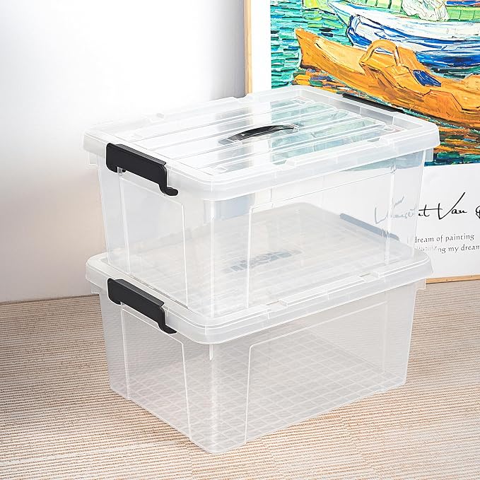 Cetomo Lidded Storage Bin with Handle, Tote Organizing Container with Durable Lid and Secure Latching Buckles, Stackable and Nestable, Plastic, 40 Quart-3 Pack, Clear