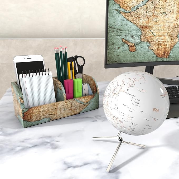 PU Leather Supply Organizer,Remote Control Holder Multifunctional Office Stationery Storage Box Organizer,Pencil Holders Organizers Table Top Desktop Desk Accessories(1-Vintage Map)