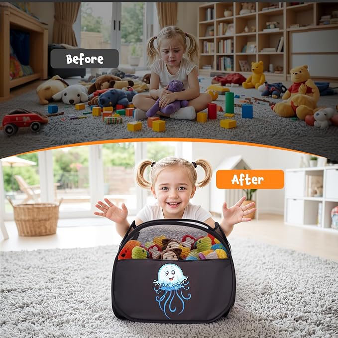 YOHOOLYO 95L Toy Storage Basket Box Chest for Boys Baby Toddler Kids, Collapsible Pop Up Large Mesh Toy Organizer Bin with Handles for Living Room Area, Playroom, Closet (Jellyfish&Crabs)