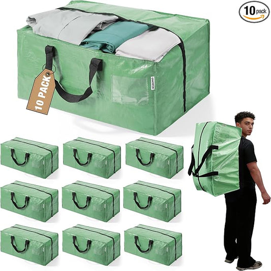 WORKPRO 10 Pack Extra Large Moving Bags with Zippers & Carrying Handles Backpack Straps, Heavy-Duty Storage Tote for Space Saving & Storage, Alternative to Moving Box (Green)