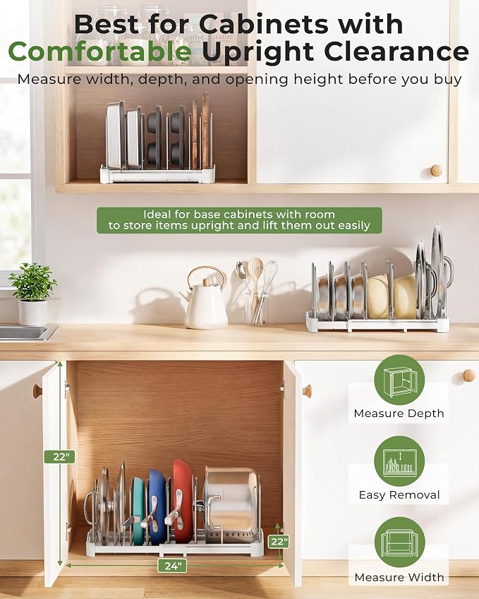 EVERIE Adjustable Bakeware Organizer Pot Lid Holder Rack for Pots, Cake Molds, Cutting Boards, Mats, Cookware, GS02SS, 7.7'' Deep by 12.6'' to 21.5'' Wide