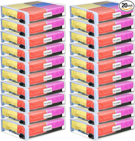 Kenning 20 Pcs Clear Zippered Storage Bags for Sheet Plastic Sweater Bag with Handle and Label Pocket Vinyl Stackable Closet Organizer Moving Bag for Bed Blanket Clothes Pillow(White,12 x 10 x 4 Inch)