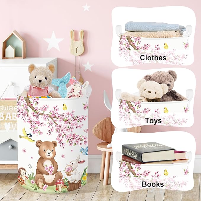 Clastyle Forest Animal Baby Storage Basket Leaf Kid Laundry Hamper Boy Girl Gift Toy Box Collapsible Clothes Organizer Nursery Bin for Bedroom, Cherry Deer, 36x45 cm