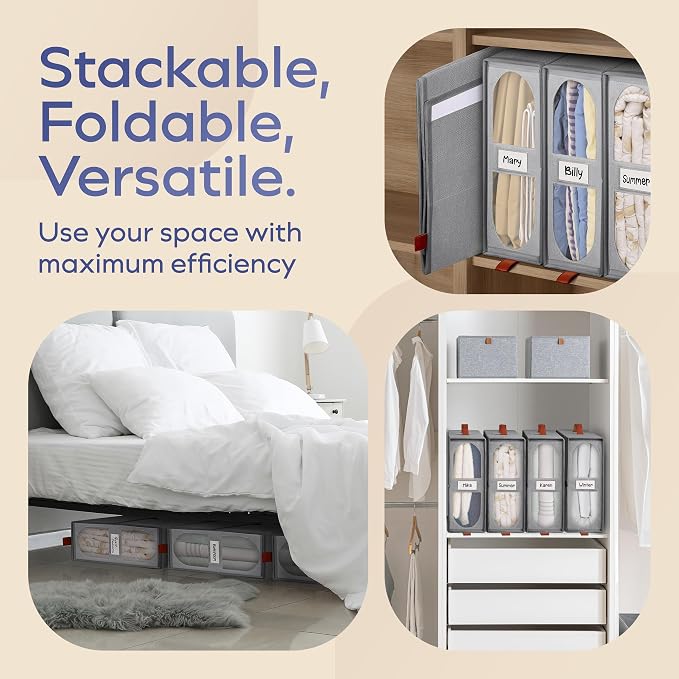 4x Bed Sheet Organizer Storage Boxes with Big See-Through Windows - Bedsheet Organizers Redesigned. Robust Bed Sheet Storage -15x13x5 Inches Sheet Organizers Containers (Gray)