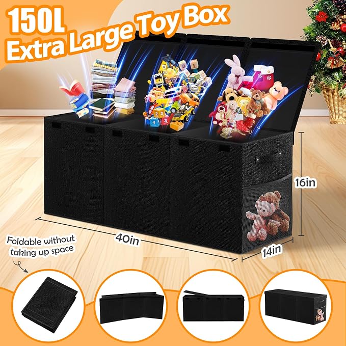 Extra Large Toy Storage Box with Lid Divider, Sturdy Collapsible Toys Organizer Chest Kids Storage Bins Boxes Baskets for Boys, Girls, Nursery, Bedroom, Living Room, Playroom, 40"x14"x16", Black