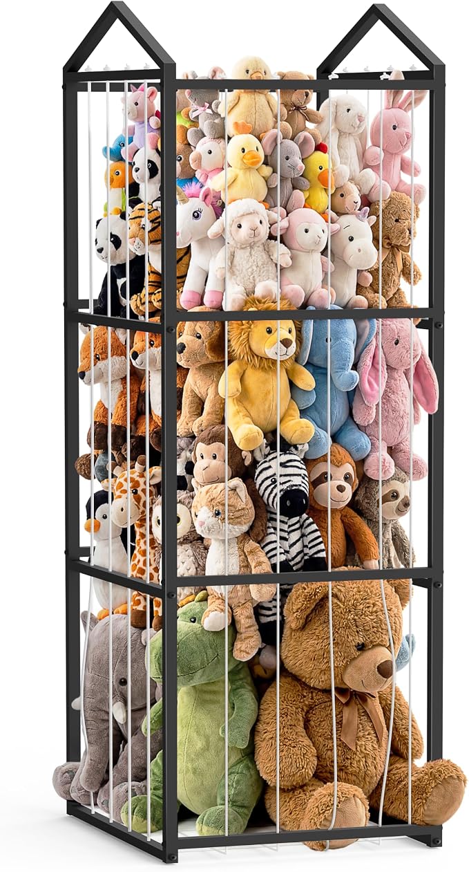 NomNest Stuffed Animal Storage Zoo, Large Metal Plushies Organizer, Heavy Duty Metal Teddy Bear Toy Holder for Kids' Bedroom & Playroom & Nursery (Non-Wheeled, Black)