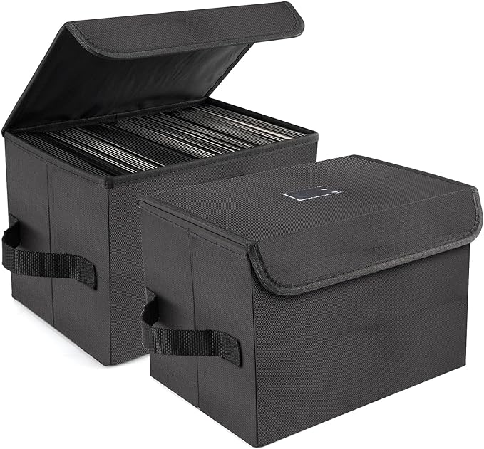 alavisxf xx 7-Inch Vinyl Storage Box, Set of 2 Stackable Case with Lid | Durable Nylon, Hold 120 Records(60 each), LP Record Organizer, Foldable, Portable Handles, for Home Office DJ Setups Travel
