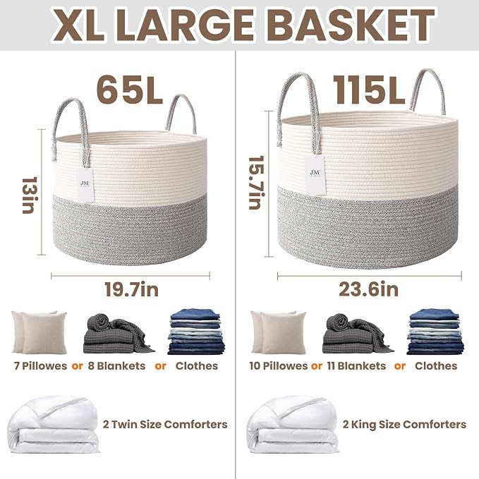 JMvicyroam 65L Extra Large Blanket Basket for Living Room - Woven Cotton Rope Laundry Hamper with Reinforced Handles - Storage Bin for Pillows, Comforters & Toys - Machine Washable,White&Grey