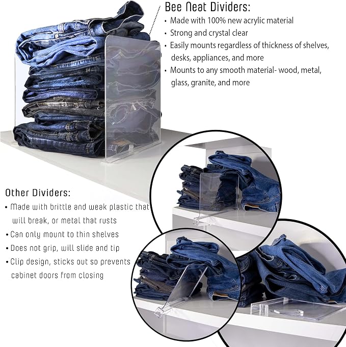 Bee Neat Closet Acrylic Shelf Dividers, Closet Organizer, 6 Pack, 8" x11 ⅝ | Clear Acrylic Shelf Dividers for Organizing Closet Clothes, Towels, Sweaters, Purses & Books