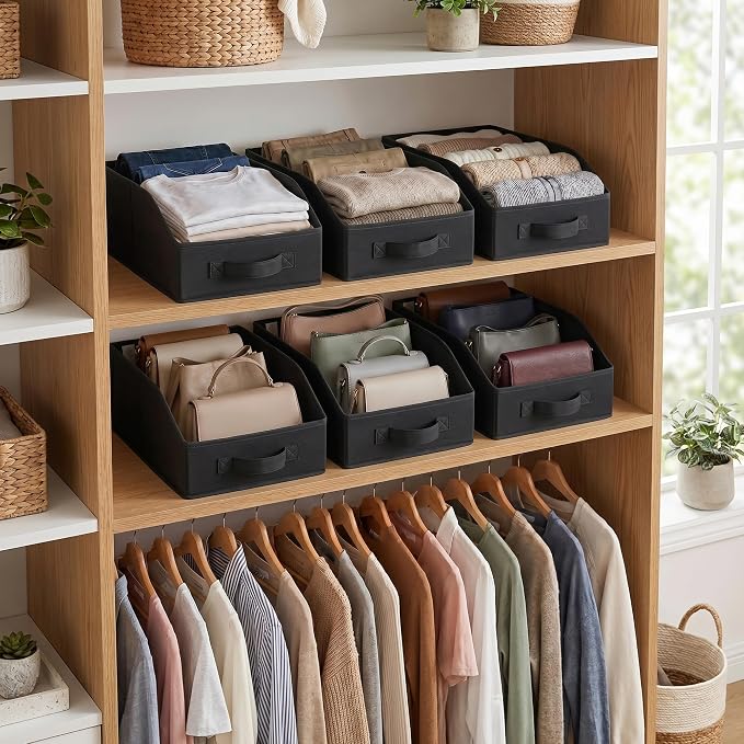GRANNY SAYS Trapezoid Closet Storage Bins, Storage Baskets for Shelves, Linen Closet Organizers and Storage, Closet Organizer Bins for Clothes, Toys, Towels, Black, 6-Pack